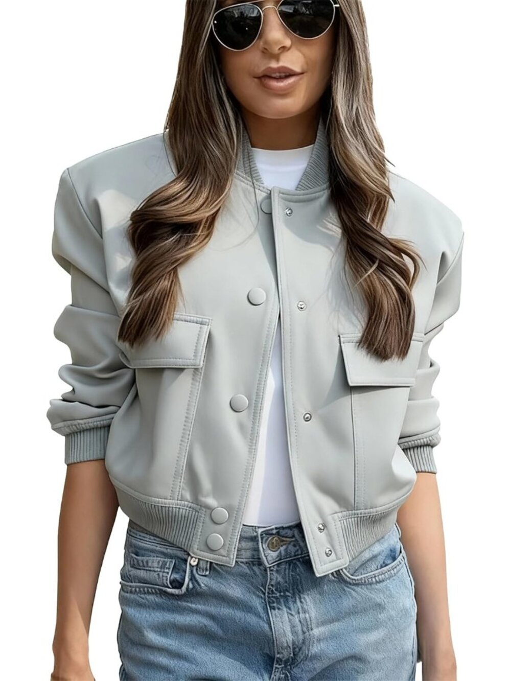 Women's Grey Polyester Band Collar Button Elastic Ribbed Cuffs Bomber Jacket
